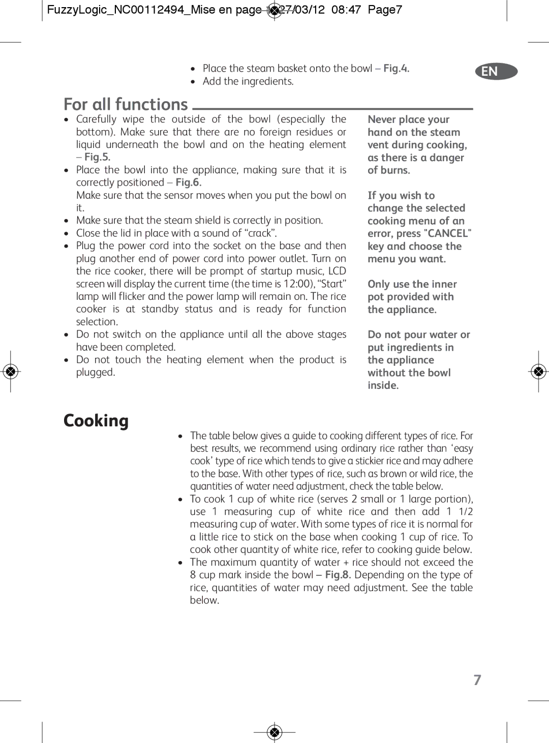 Tefal RK704E60 manual For all functions, Cooking, FuzzyLogicNC00112494Mise en page 1 27/03/12 0847 Page7 