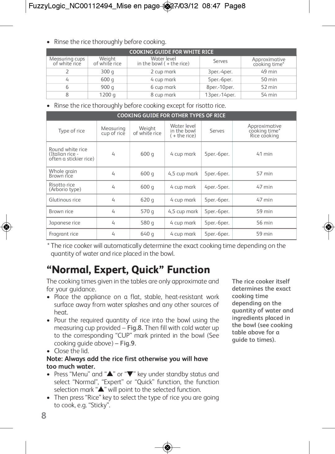 Tefal RK704E60 manual Normal, Expert, Quick Function, FuzzyLogicNC00112494Mise en page 1 27/03/12 0847 Page8 