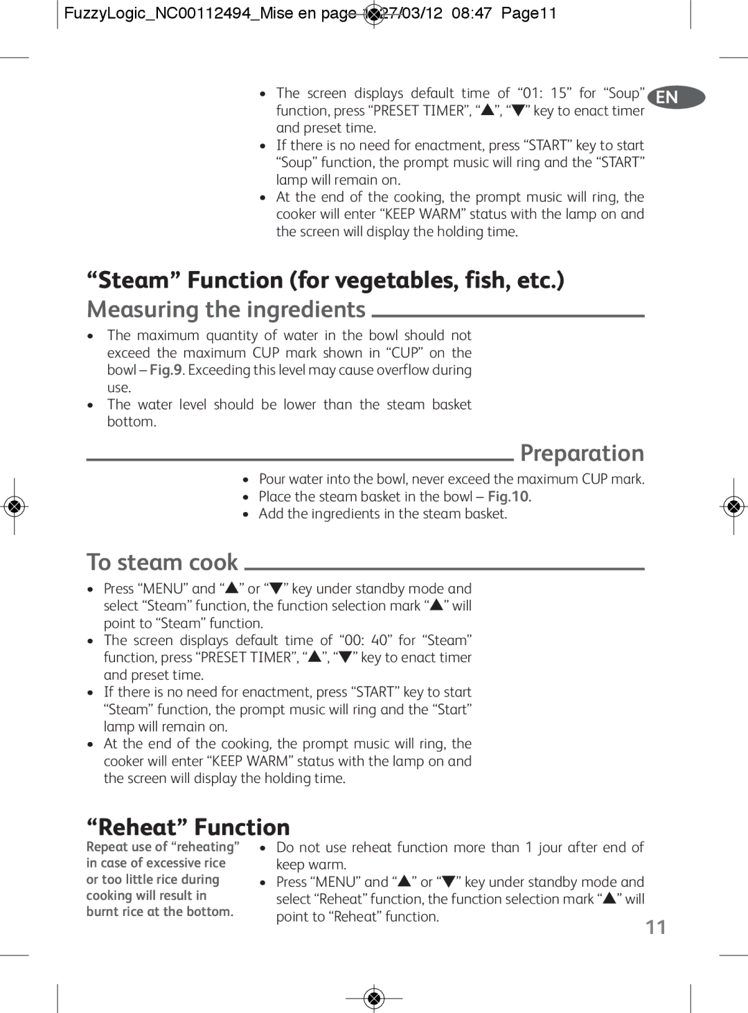 Tefal RK704E60 manual Preparation, To steam cook, Reheat Function, FuzzyLogicNC00112494Mise en page 1 27/03/12 0847 Page11 