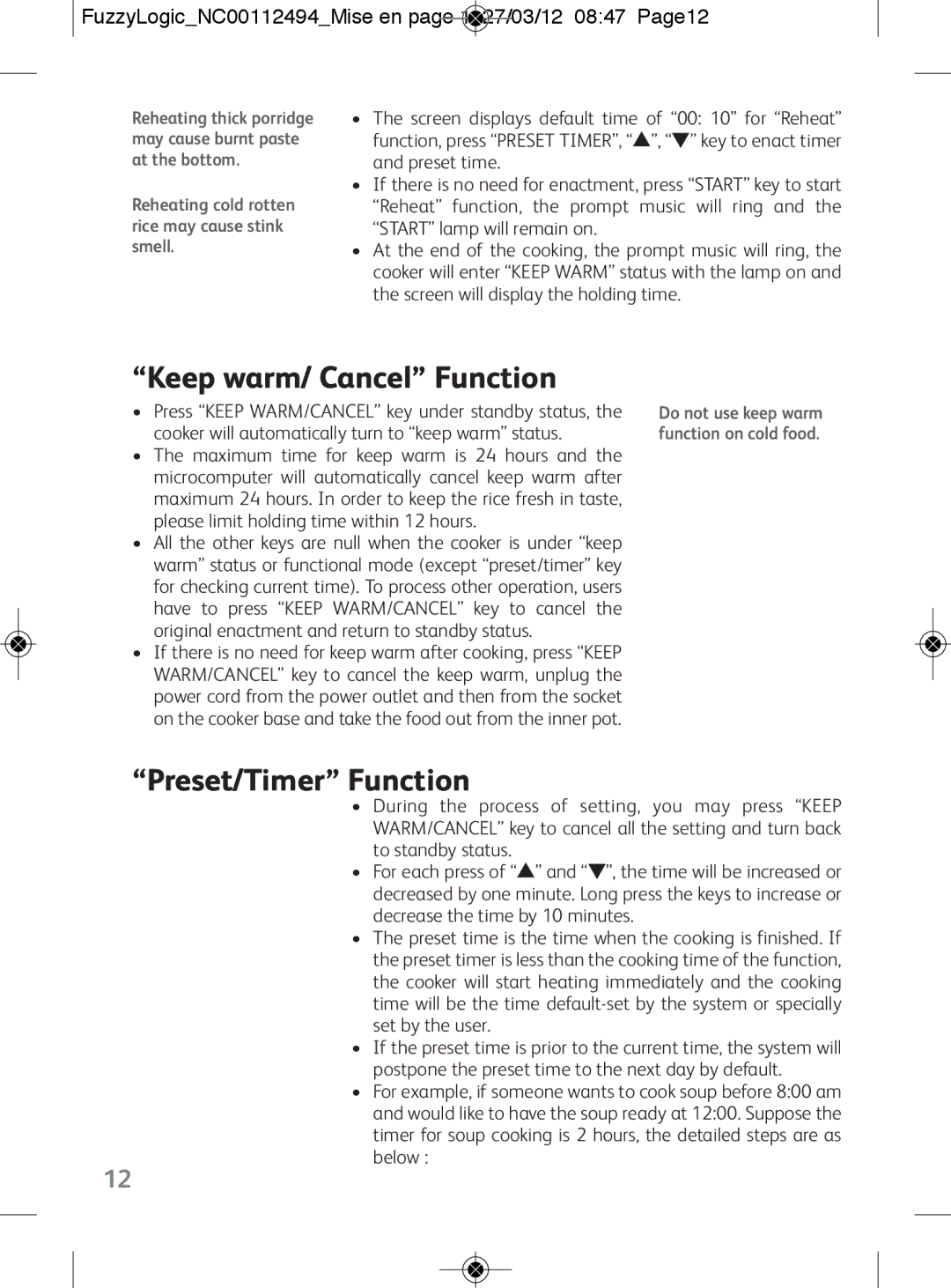 Tefal RK704E60 Keep warm/ Cancel Function, Preset/Timer Function, FuzzyLogicNC00112494Mise en page 1 27/03/12 0847 Page12 