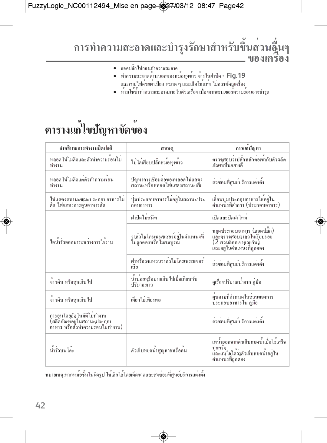 Tefal RK704E60 manual ของเครื่อง, FuzzyLogicNC00112494Mise en page 1 27/03/12 0847 Page42 