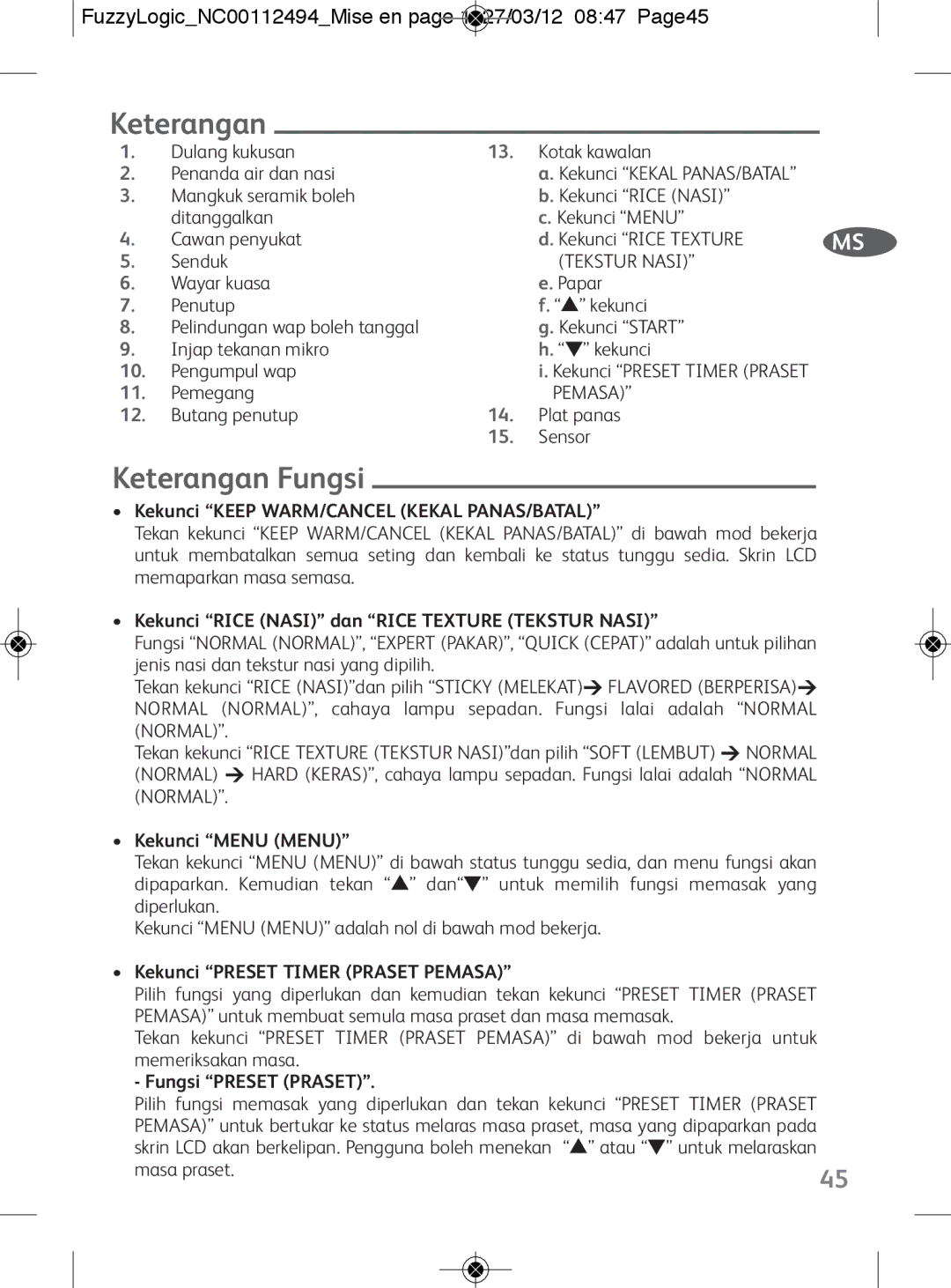 Tefal RK704E60 manual Keterangan Fungsi, FuzzyLogicNC00112494Mise en page 1 27/03/12 0847 Page45 