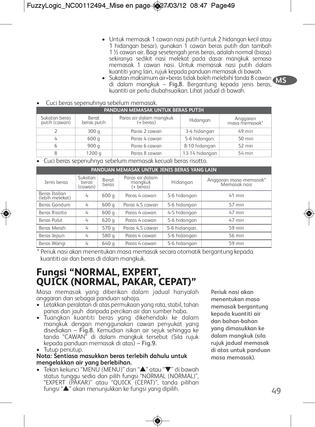 Tefal RK704E60 manual FuzzyLogicNC00112494Mise en page 1 27/03/12 0847 Page49, Cuci beras sepenuhnya sebelum memasak 