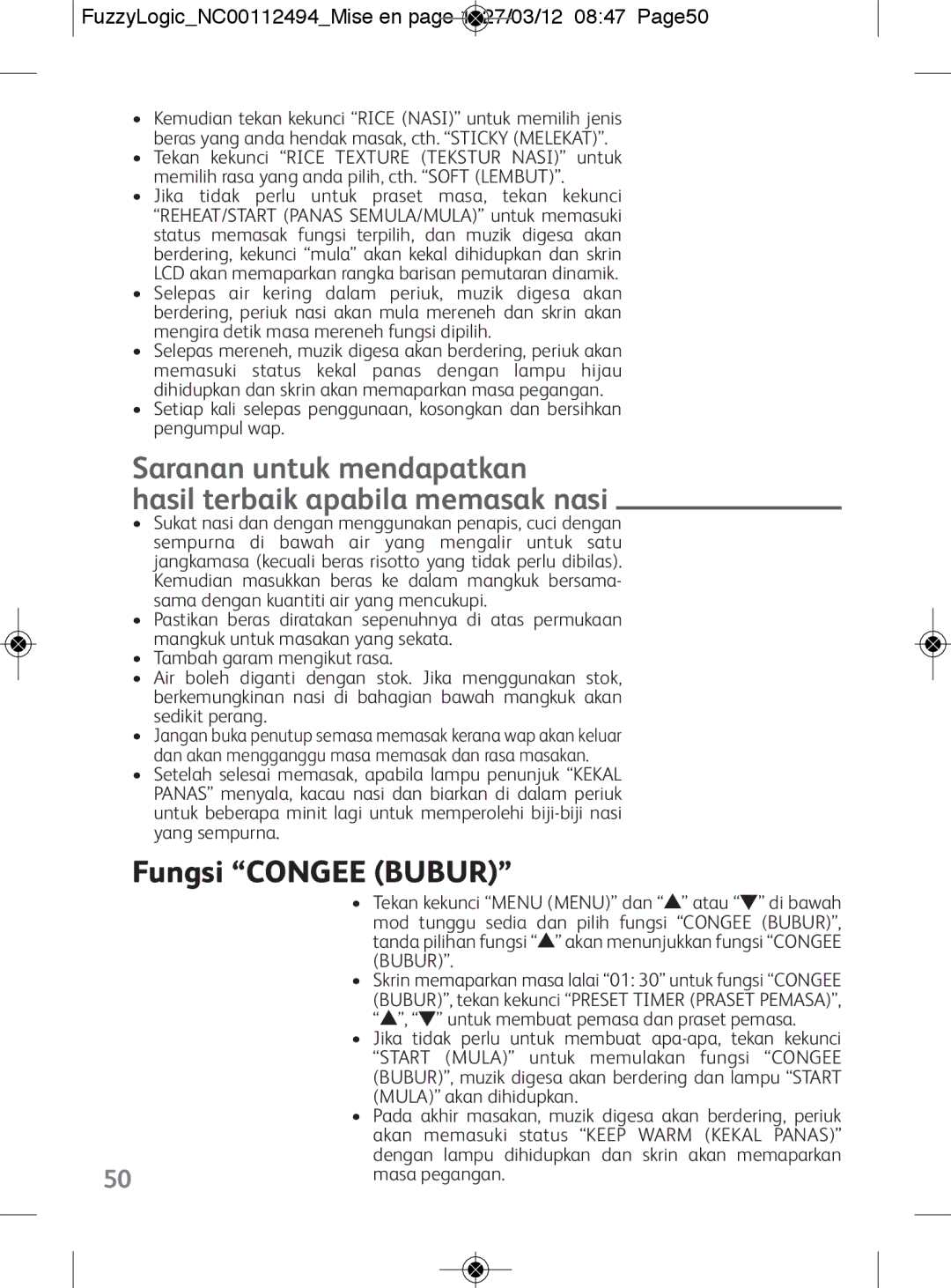 Tefal RK704E60 manual Fungsi Congee Bubur, FuzzyLogicNC00112494Mise en page 1 27/03/12 0847 Page50, Masa pegangan 