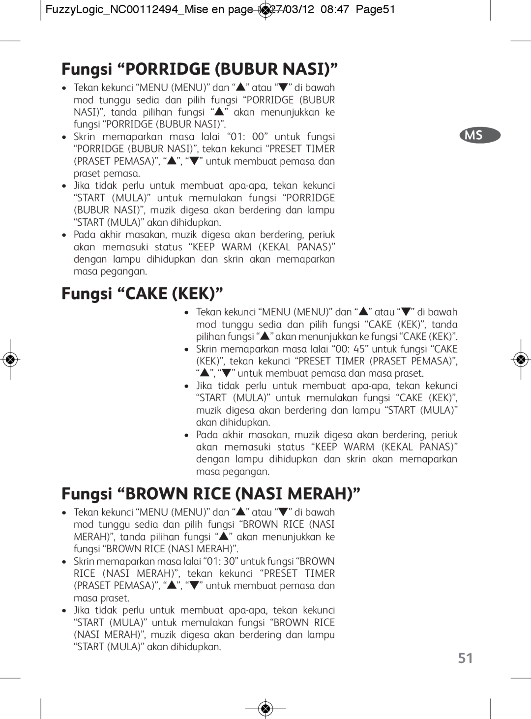 Tefal RK704E60 Fungsi Cake KEK, Fungsi Brown Rice Nasi Merah, FuzzyLogicNC00112494Mise en page 1 27/03/12 0847 Page51 