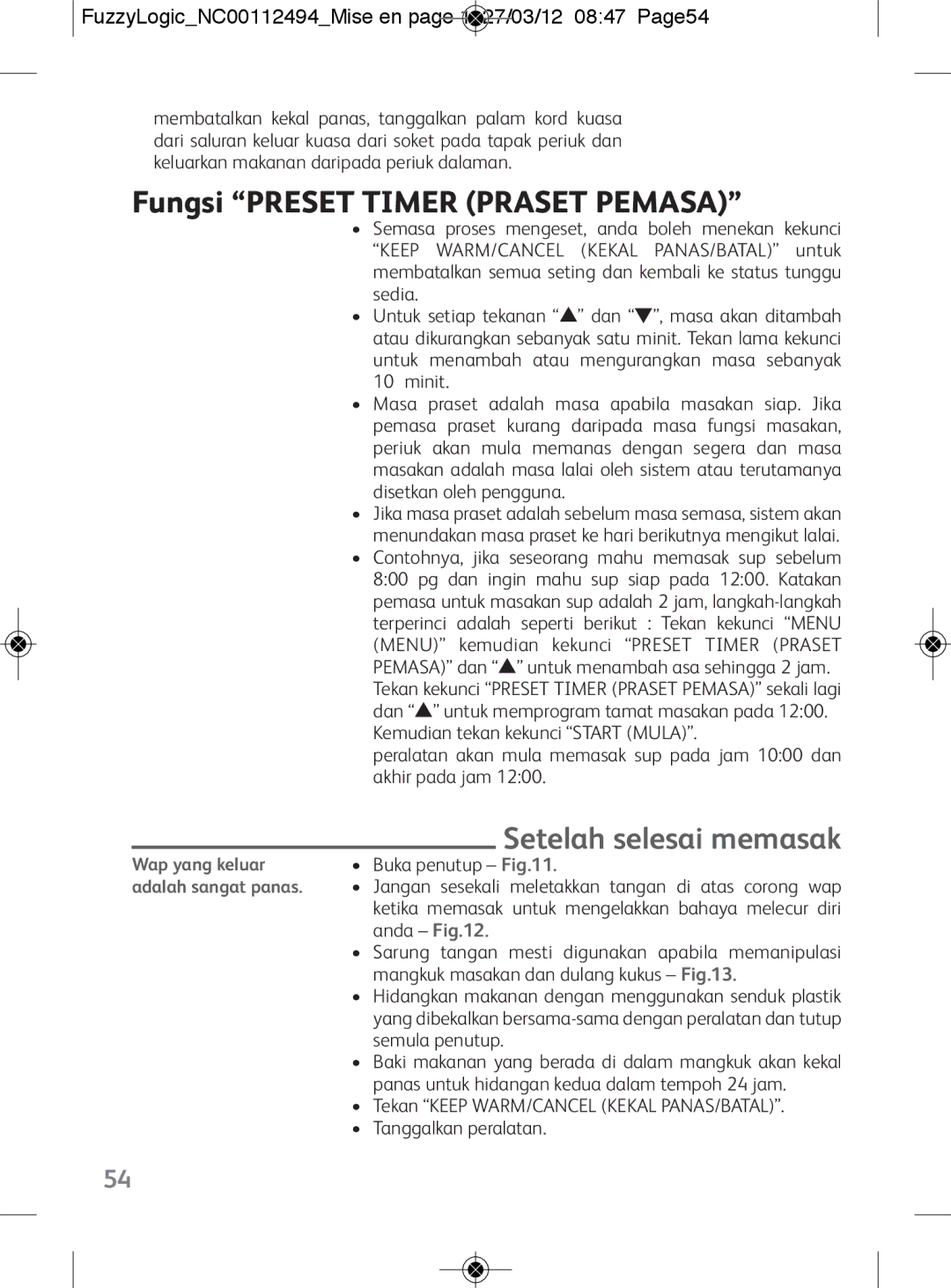 Tefal RK704E60 manual Fungsi Preset Timer Praset Pemasa, FuzzyLogicNC00112494Mise en page 1 27/03/12 0847 Page54 