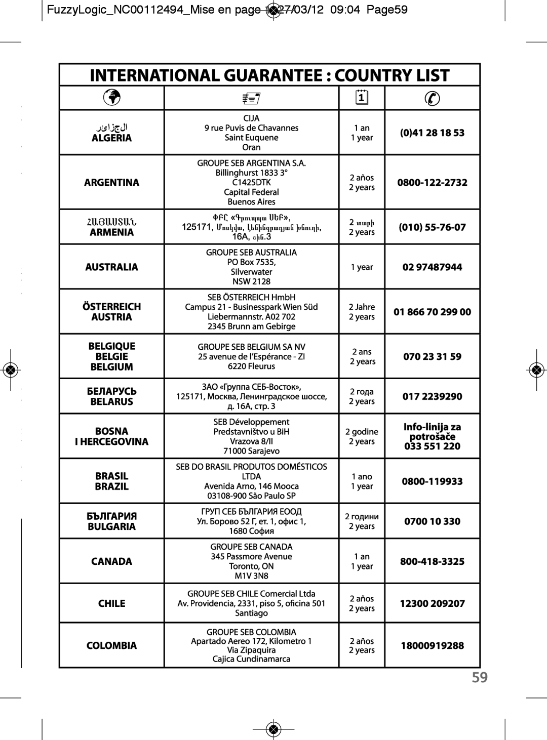 Tefal RK704E60 manual International Guarantee Country List, FuzzyLogicNC00112494Mise en page 1 27/03/12 0904 Page59 