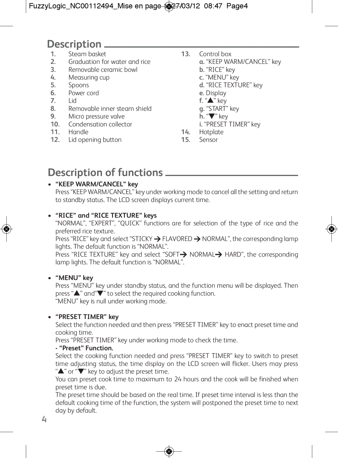 Tefal RK704E60 manual Description of functions, FuzzyLogicNC00112494Mise en page 1 27/03/12 0847 Page4 