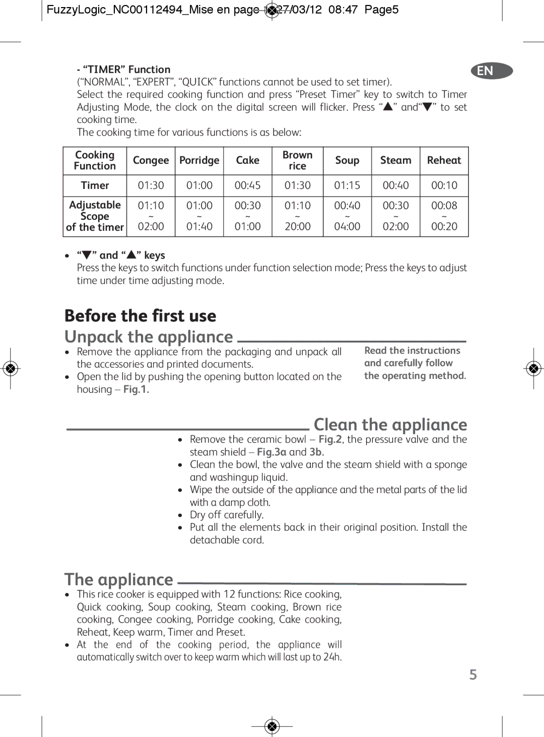 Tefal RK704E60 manual Before the first use, Unpack the appliance, Clean the appliance, Appliance 