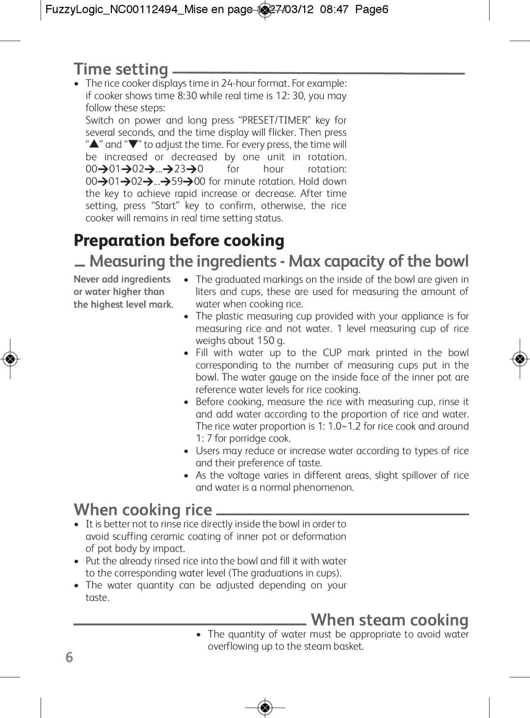 Tefal RK704E60 manual Time setting, Preparation before cooking, Measuring the ingredients Max capacity of the bowl 