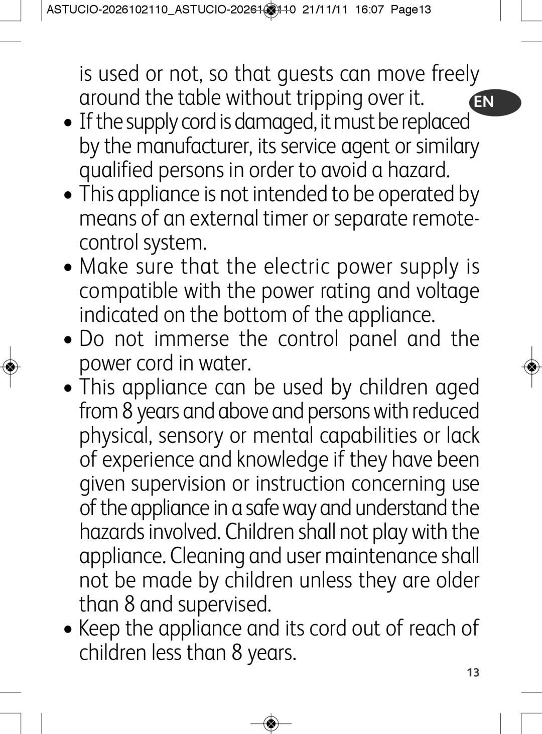 Tefal SK500028 manual Do not immerse the control panel and the power cord in water 