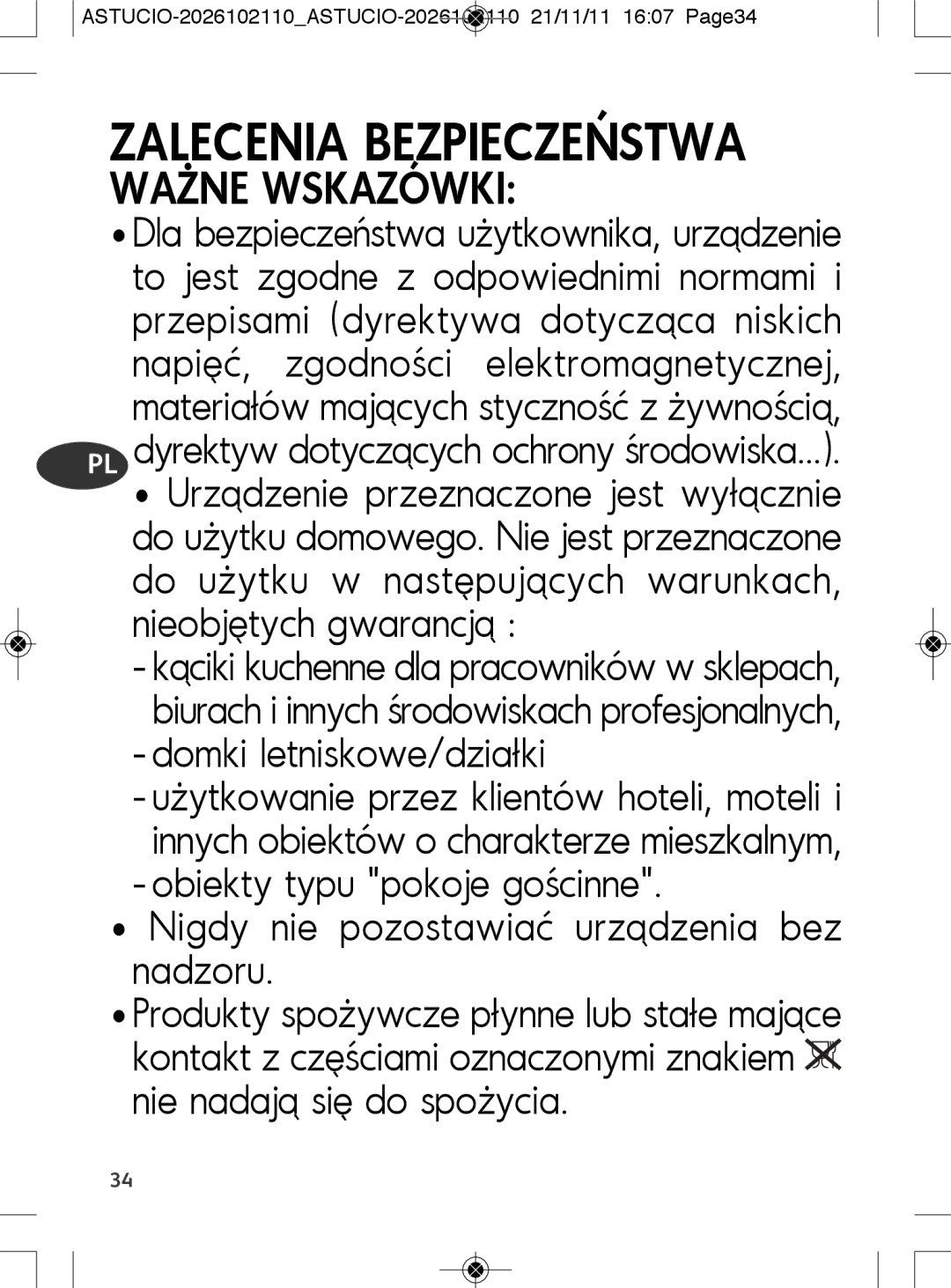 Tefal SK500028 Nigdy nie pozostawiać urządzenia bez nadzoru, ASTUCIO-2026102110ASTUCIO-2026102110 21/11/11 1607 Page34 