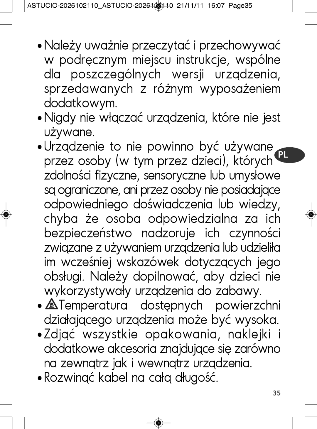 Tefal SK500028 manual Rozwinąć kabel na całą długość, ASTUCIO-2026102110ASTUCIO-2026102110 21/11/11 1607 Page35 