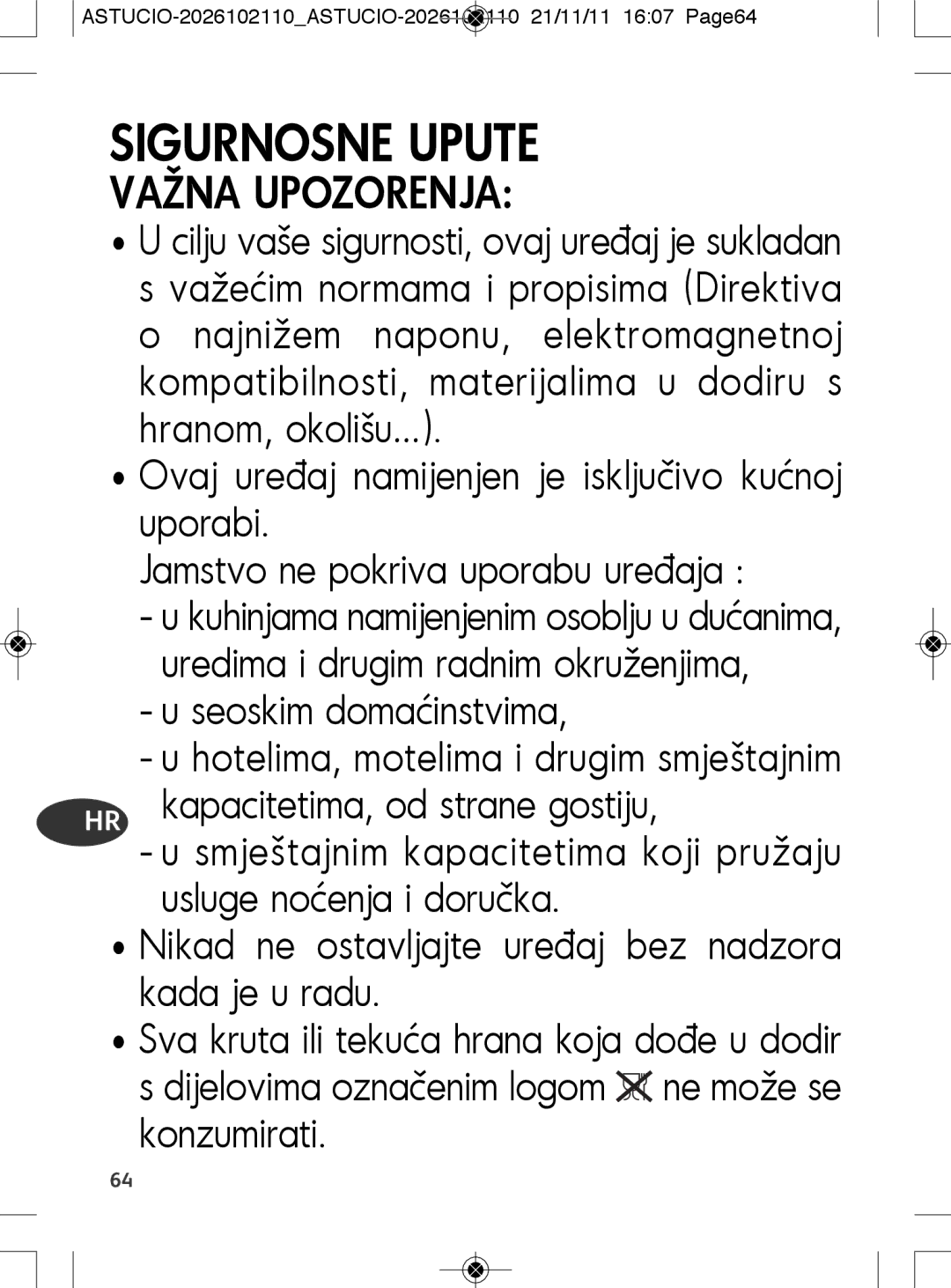 Tefal SK500028 manual Usluge noćenja i doručka, ASTUCIO-2026102110ASTUCIO-2026102110 21/11/11 1607 Page64 