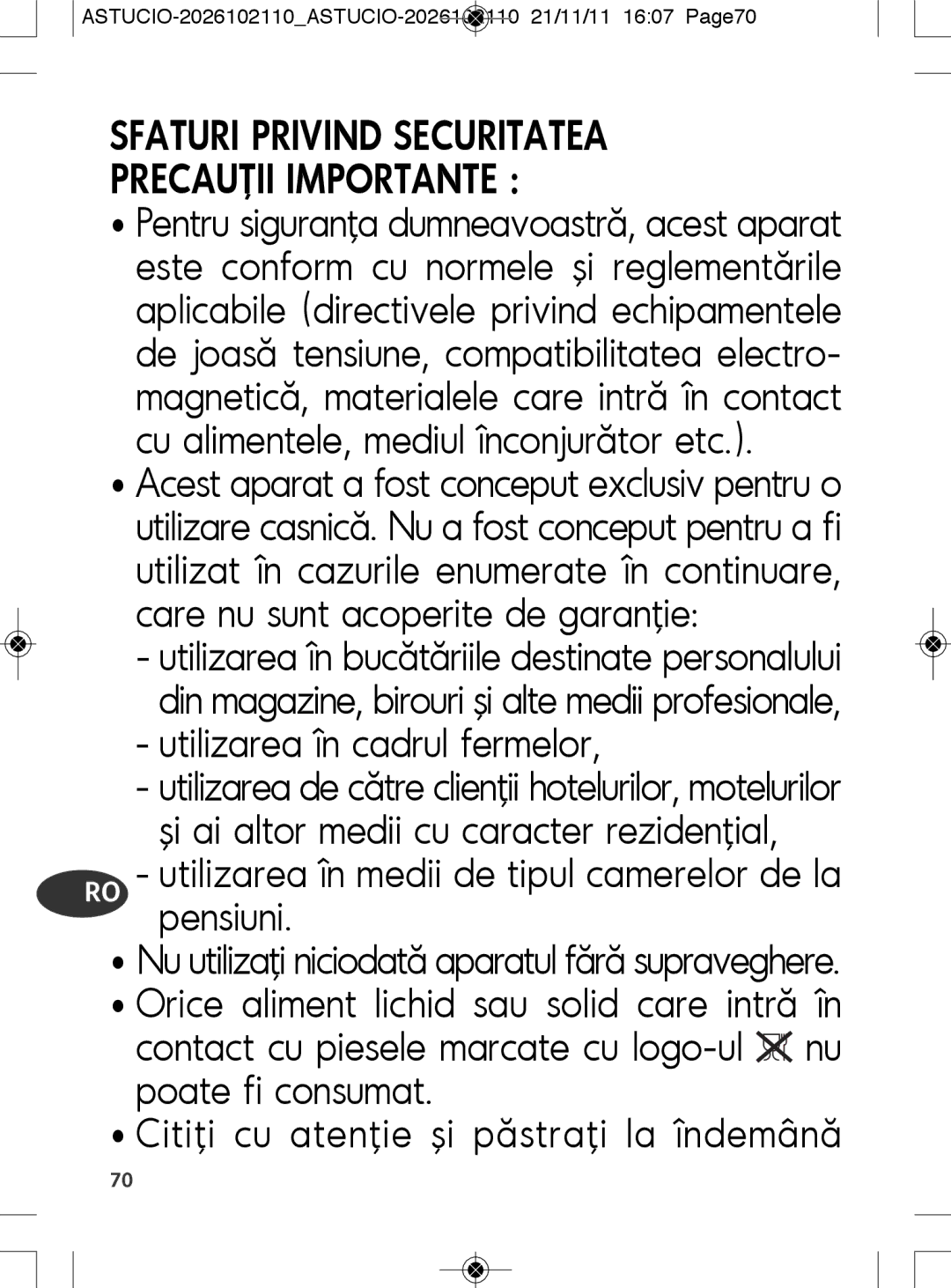 Tefal SK500028 manual Utilizarea în cadrul fermelor, ASTUCIO-2026102110ASTUCIO-2026102110 21/11/11 1607 Page70 