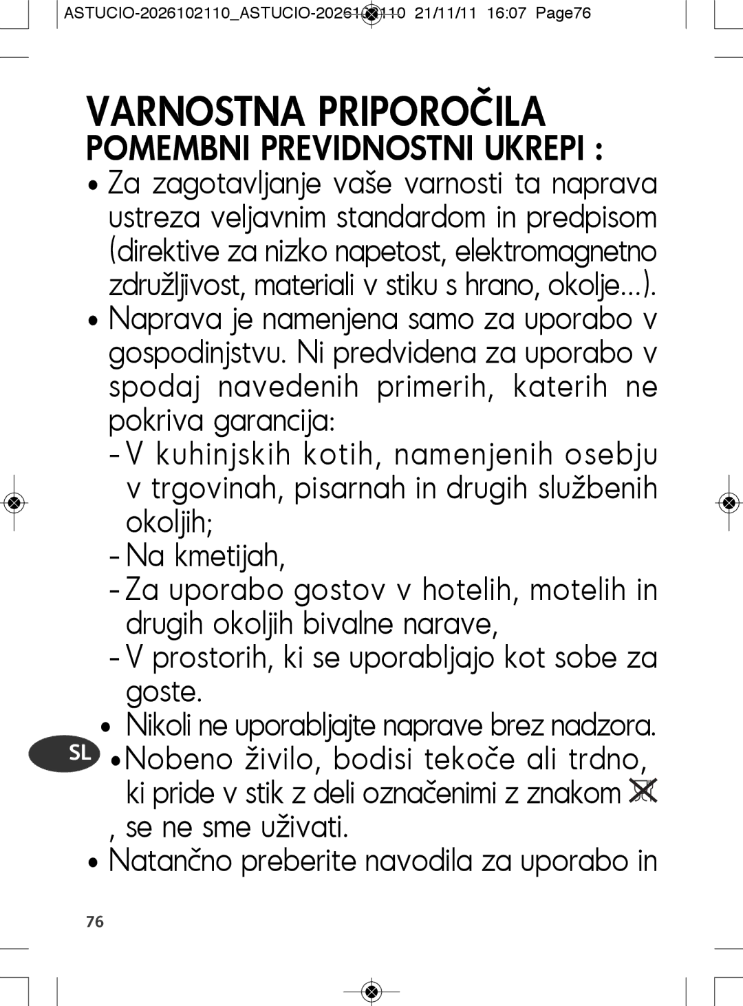 Tefal SK500028 manual Se ne sme uživati Natančno preberite navodila za uporabo 