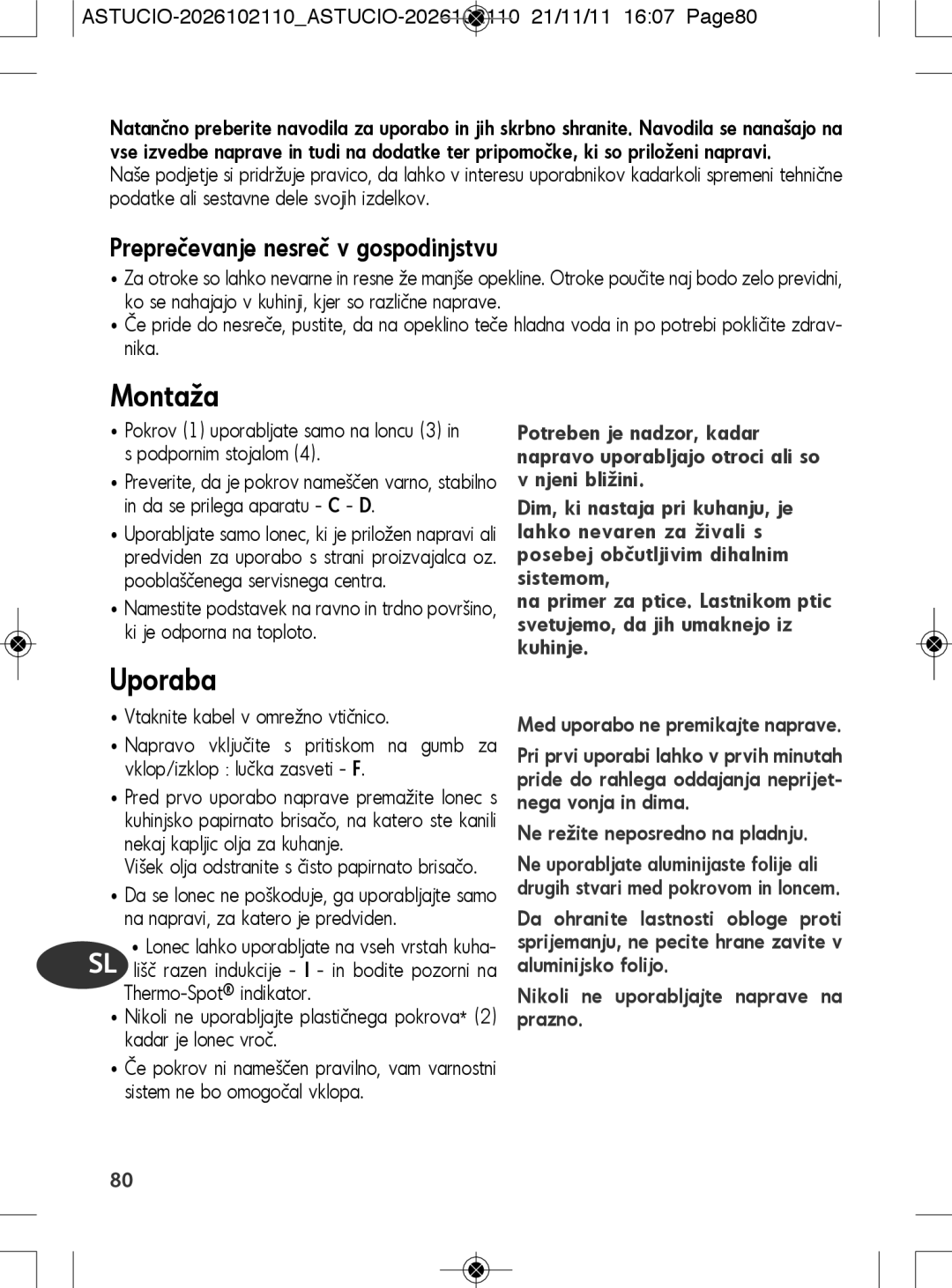 Tefal SK500028 manual Preprečevanje nesreč v gospodinjstvu, ASTUCIO-2026102110ASTUCIO-2026102110 21/11/11 1607 Page80 