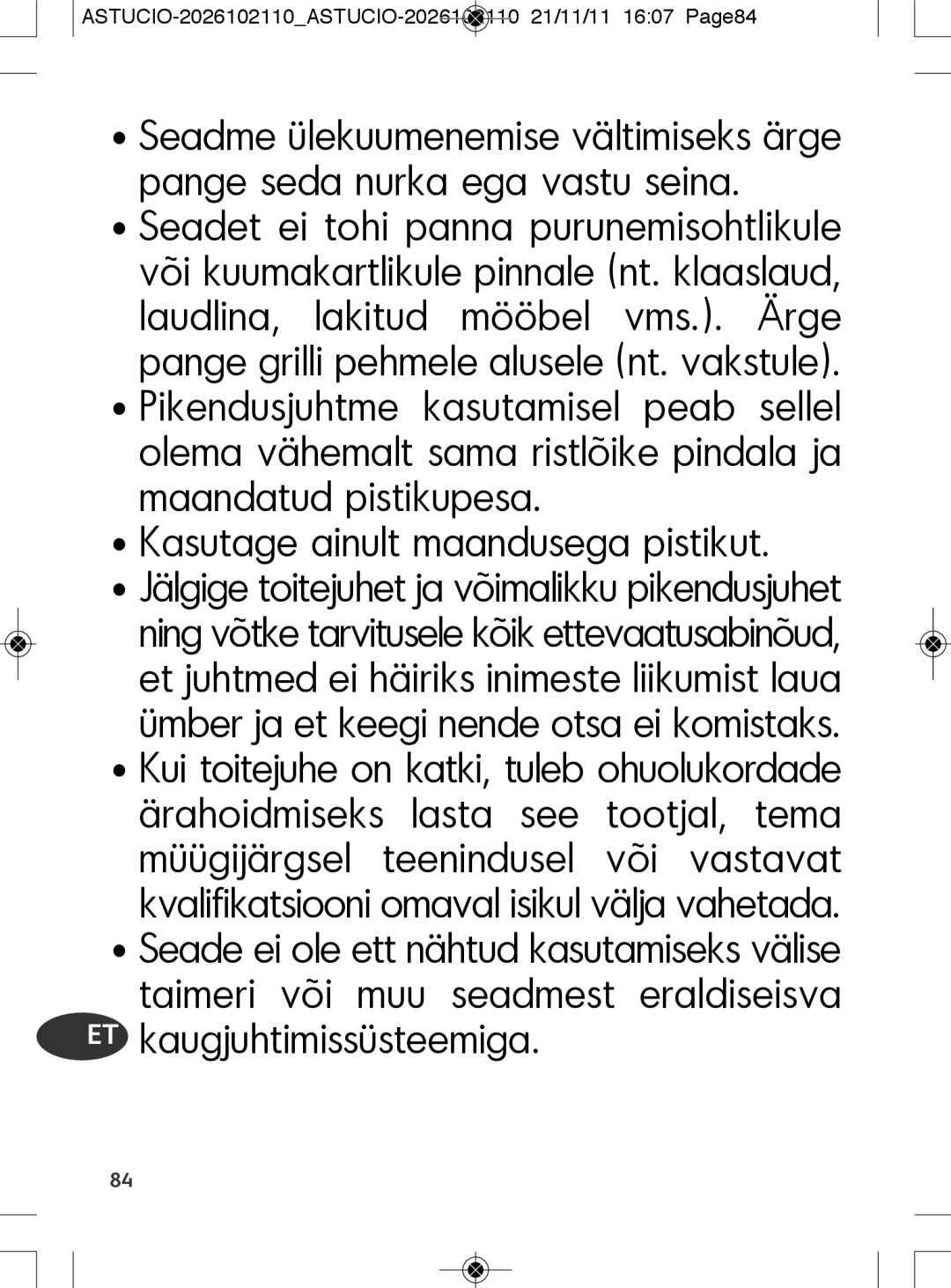 Tefal SK500028 manual ET kaugjuhtimissüsteemiga, ASTUCIO-2026102110ASTUCIO-2026102110 21/11/11 1607 Page84 