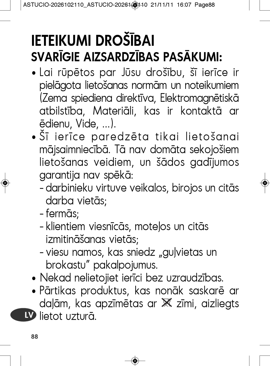 Tefal SK500028 manual Ieteikumi Drošībai, ASTUCIO-2026102110ASTUCIO-2026102110 21/11/11 1607 Page88 