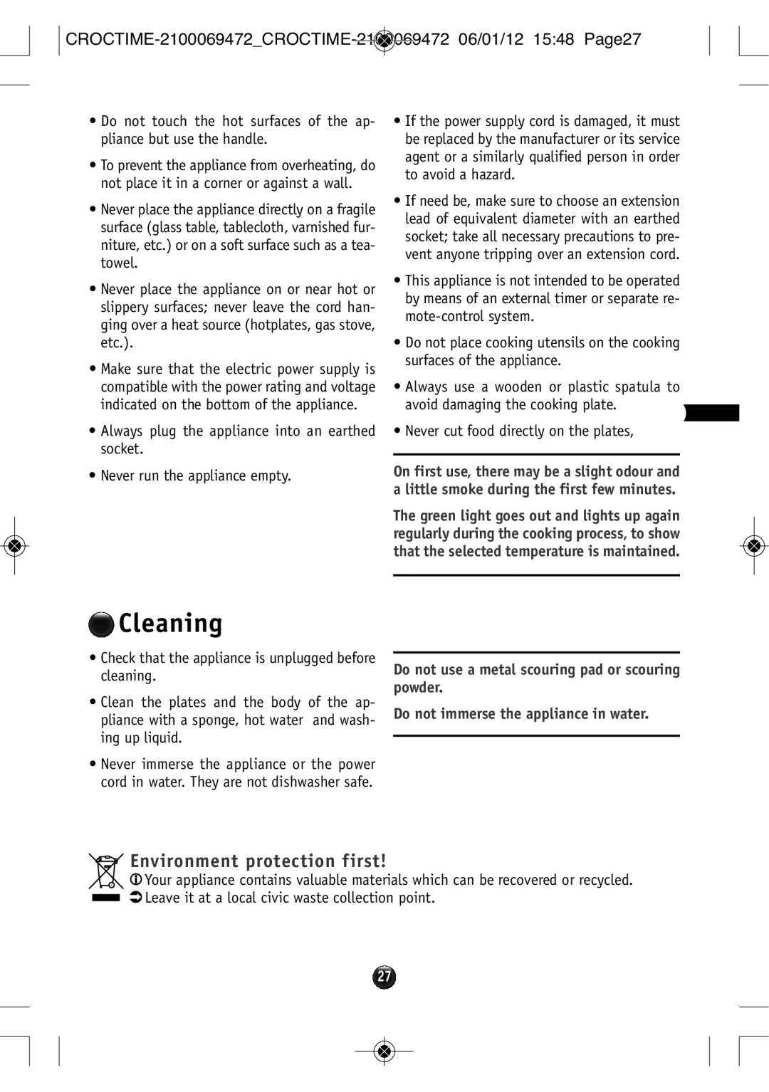 Tefal SM152213 manual Cleaning, Environment protection first, CROCTIME-2100069472CROCTIME-2100069472 06/01/12 1548 PAGE27 