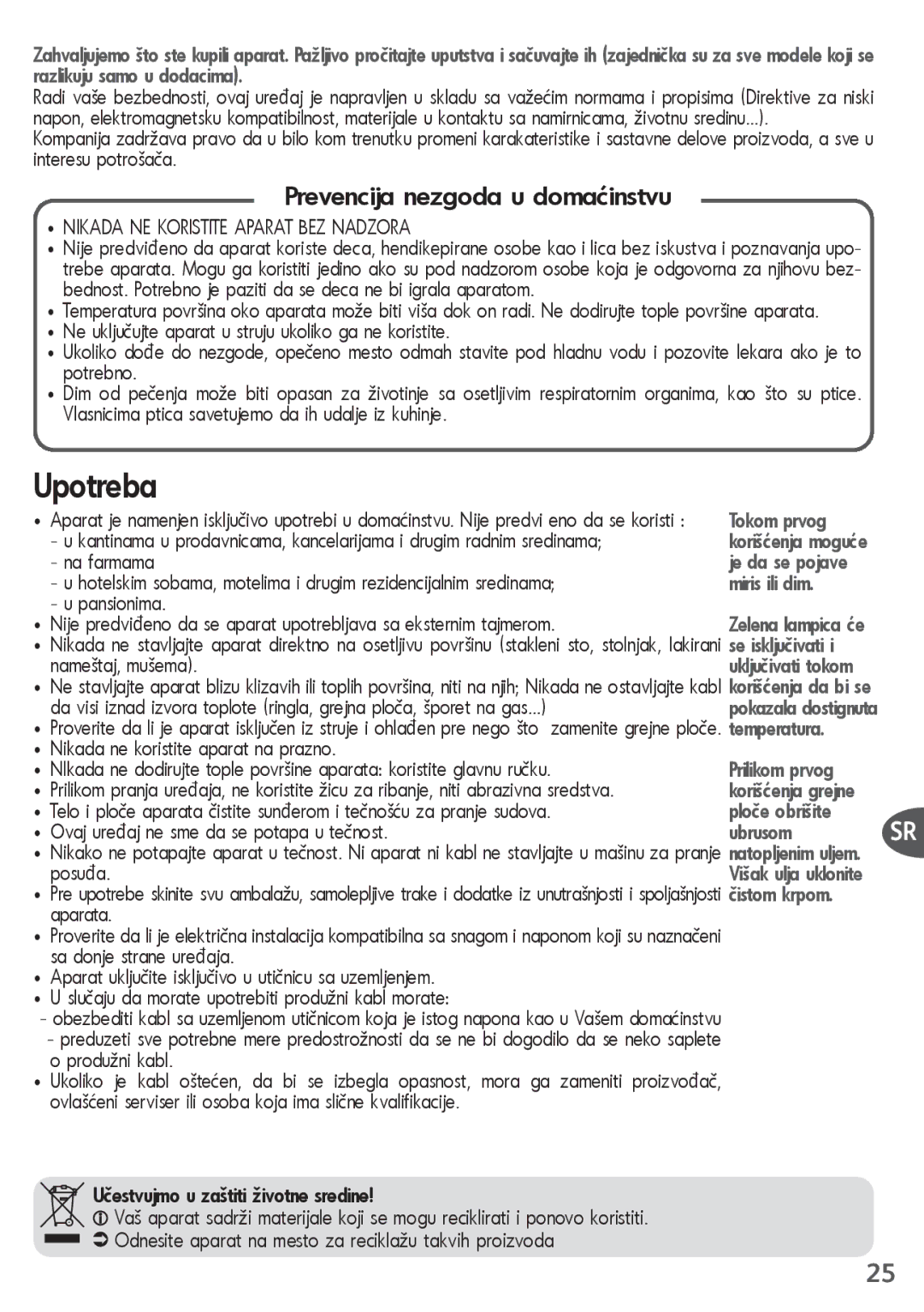 Tefal SM155074, SM155012, SM155082, SM155038, SM155084 manual Upotreba, Prevencija nezgoda u domaćinstvu 