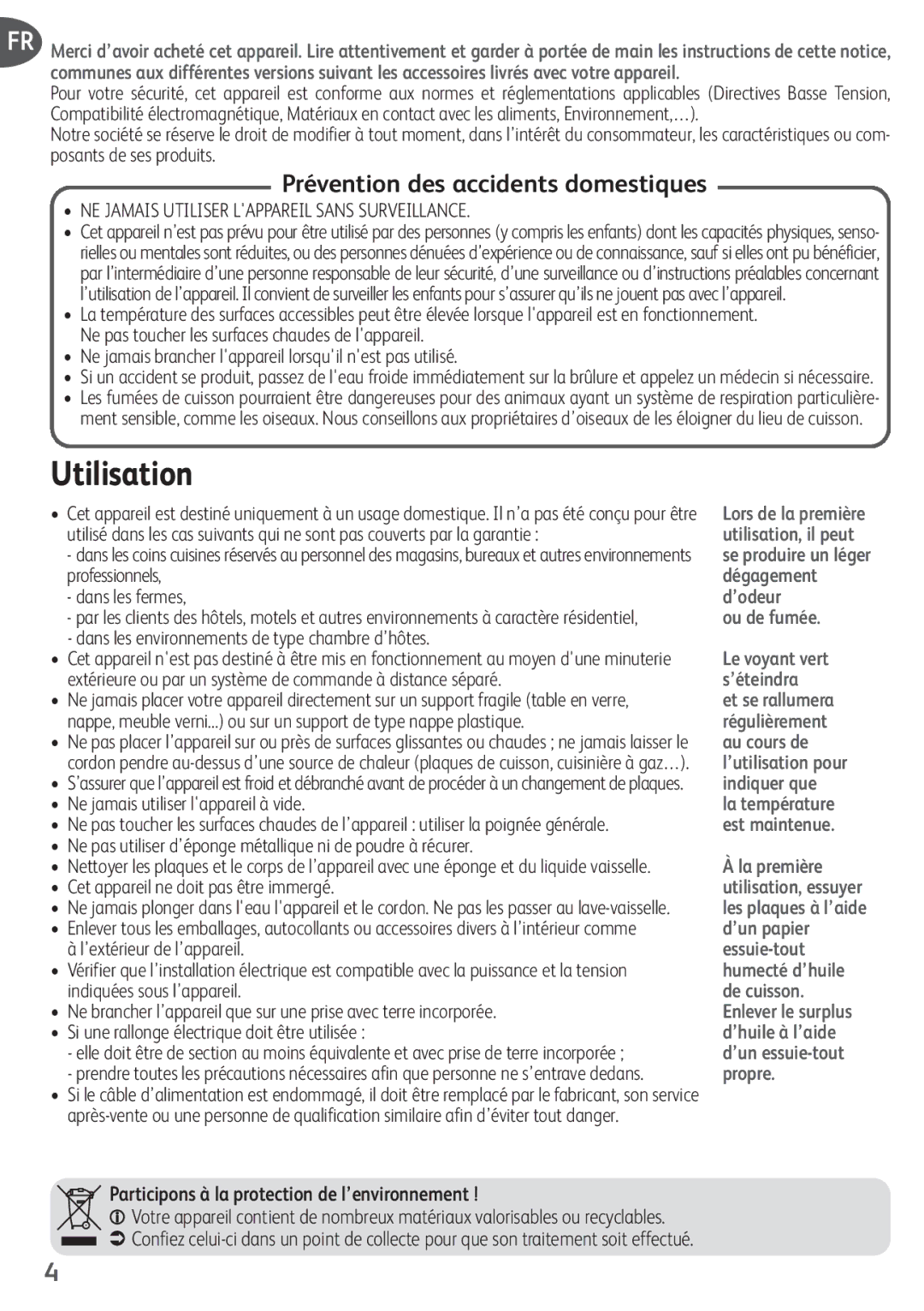 Tefal SM155084, SM155074, SM155012, SM155082, SM155038 manual Utilisation, Prévention des accidents domestiques 