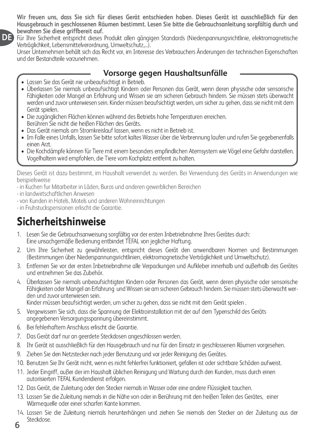 Tefal SM155012, SM155074, SM155082, SM155038, SM155084 manual Sicherheitshinweise, Vorsorge gegen Haushaltsunfälle 