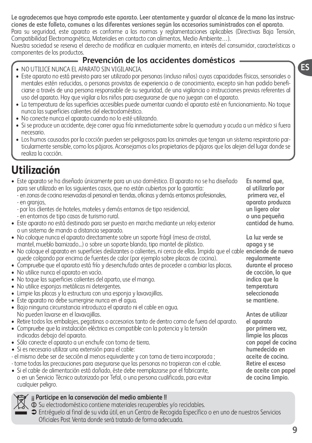 Tefal SM155084, SM155074, SM155012, SM155082, SM155038 manual Utilización, Prevención de los accidentes domésticos 