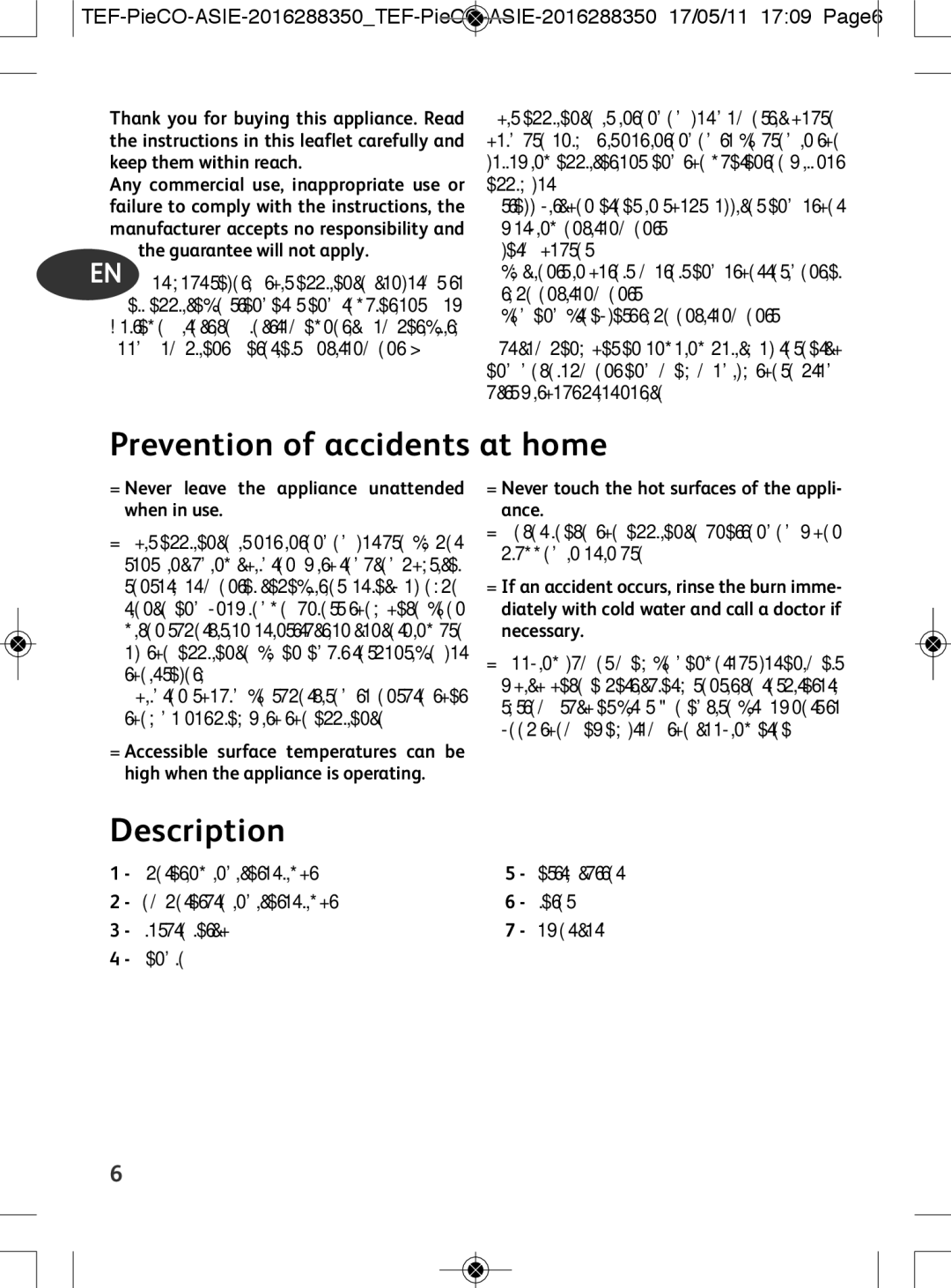 Tefal SM222554 manual Prevention of accidents at home 