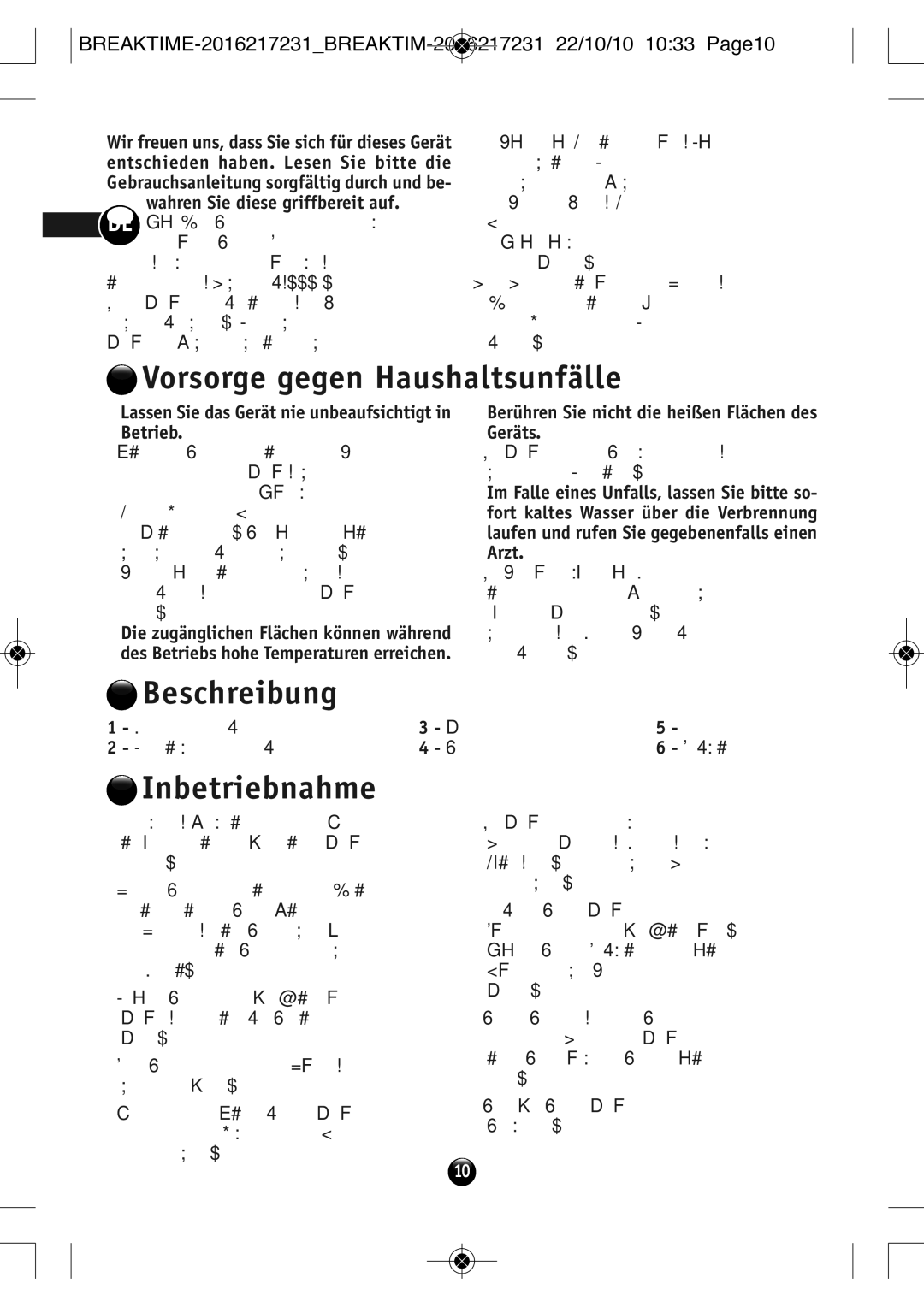 Tefal SM271941 manual Vorsorge gegen Haushaltsunfälle, Beschreibung, Inbetriebnahme 