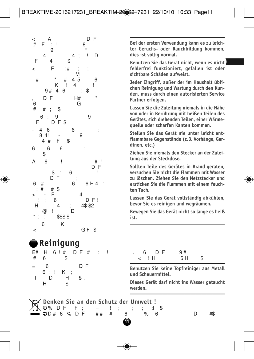 Tefal SM271941 manual Reinigung, Denken Sie an den Schutz der Umwelt 