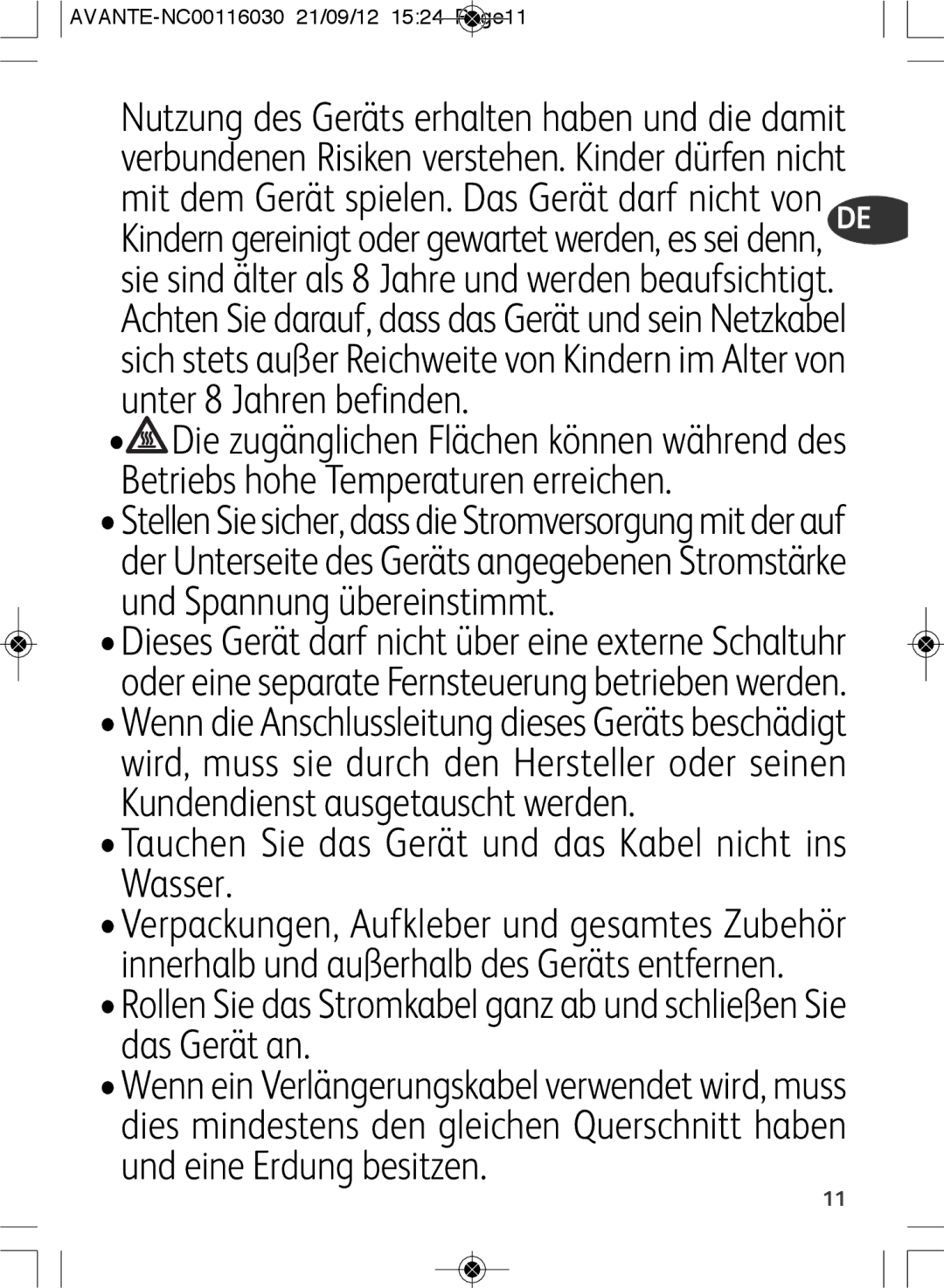 Tefal SM603833 manual Tauchen Sie das Gerät und das Kabel nicht ins Wasser 