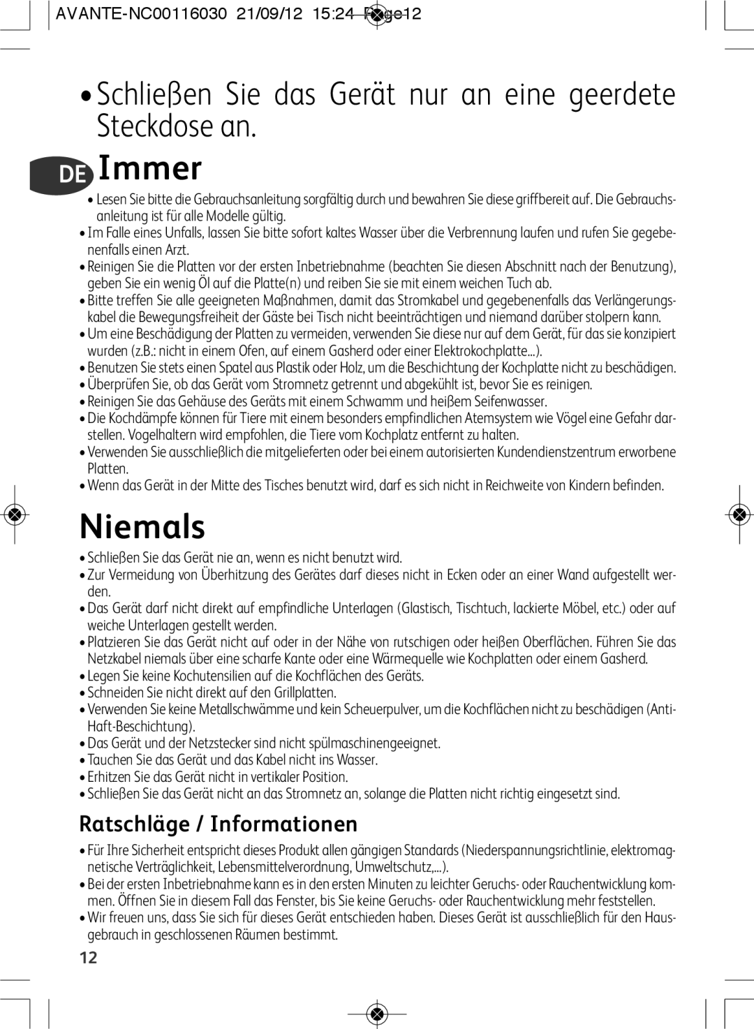 Tefal SM603833 manual DE Immer, Ratschläge / Informationen 