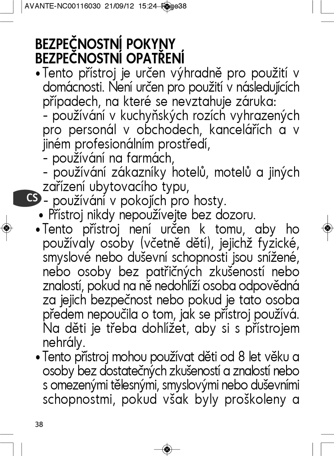 Tefal SM603833 manual Bezpečnostní Pokyny Bezpečnostní Opatření 