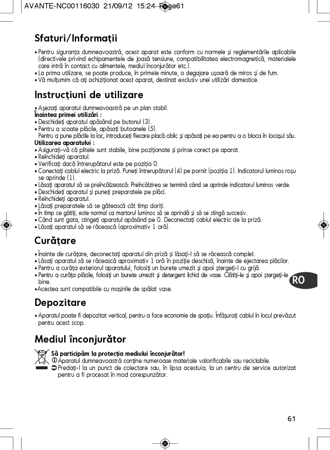 Tefal SM603833 manual Sfaturi/Informaţii, Instrucţiuni de utilizare, Curăţare, Depozitare, Mediul înconjurător 