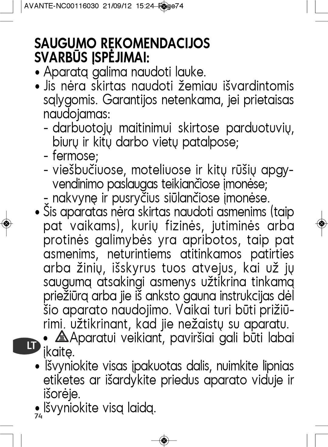 Tefal SM603833 manual Saugumo Rekomendacijos Svarbūs Įspėjimai, Fermose, Nakvynę ir pusryčius siūlančiose įmonėse 