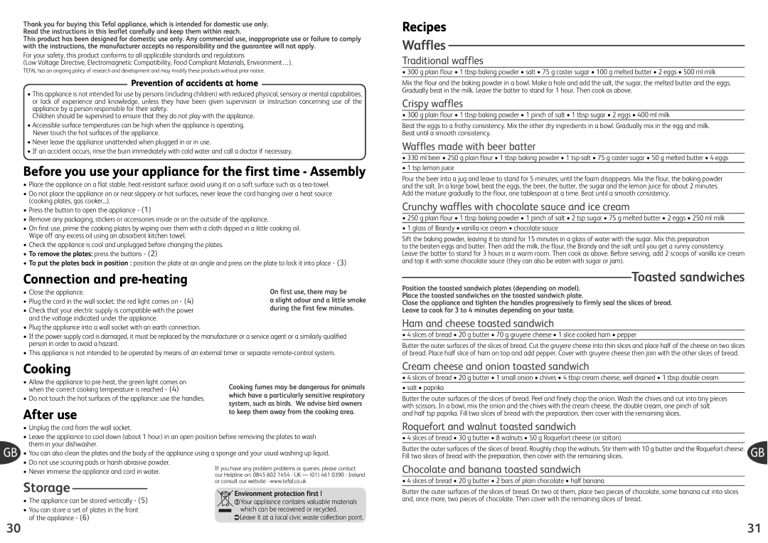 Tefal SW321812 manual Recipes, Connection and pre-heating, Toasted sandwiches, Cooking, After use 