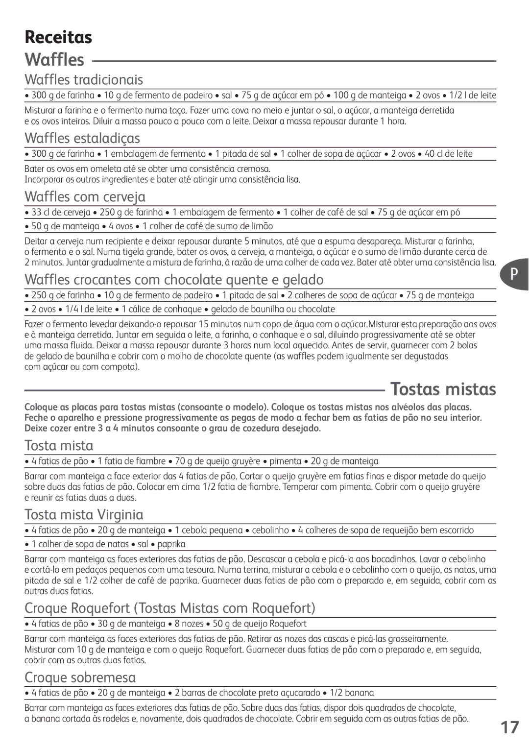 Tefal SW322612 manual Receitas, Waffles, Tostas mistas 