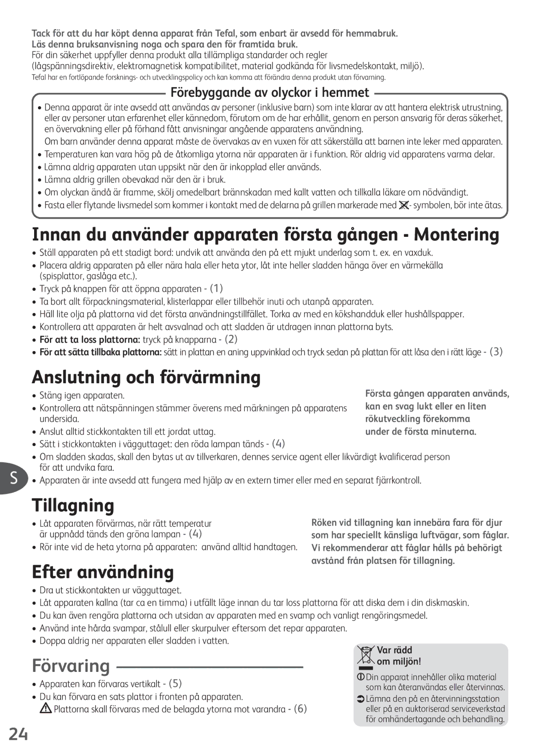 Tefal SW322612 manual Anslutning och förvärmning, Tillagning, Efter användning, Förvaring 