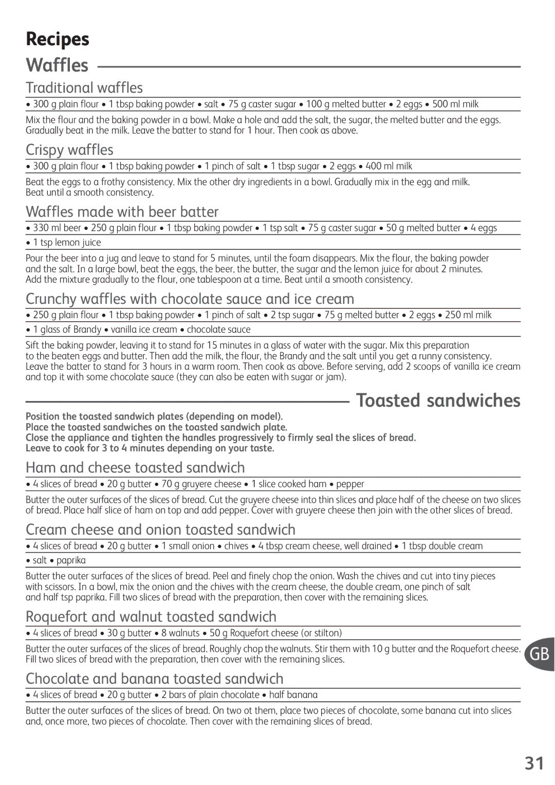 Tefal SW322612 manual Recipes, Toasted sandwiches 