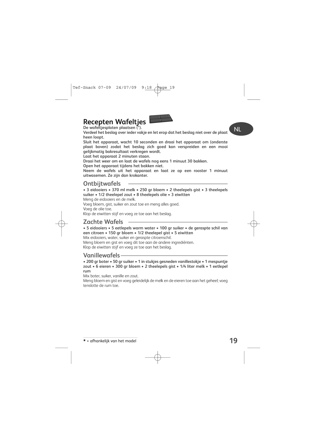 Tefal SW370333, SW370332, SW370310, SW370312 manual Recepten Wafeltjes, Ontbijtwafels, Zachte Wafels, Vanillewafels 