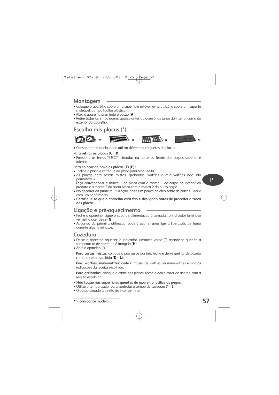 Tefal SW370310, SW370332, SW370312, SW370333 manual Montagem, Escolha das placas, Ligação e pré-aquecimento, Cozedura 