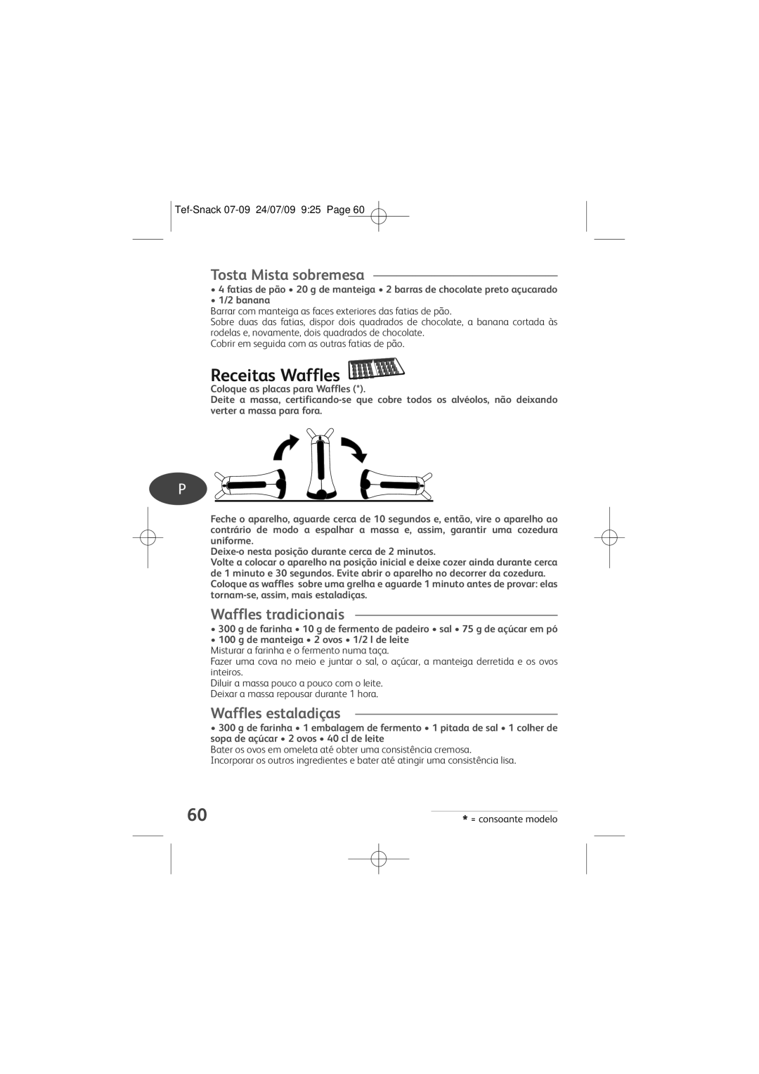 Tefal SW370332, SW370310, SW370312 manual Receitas Waffles, Tosta Mista sobremesa, Waffles tradicionais, Waffles estaladiças 