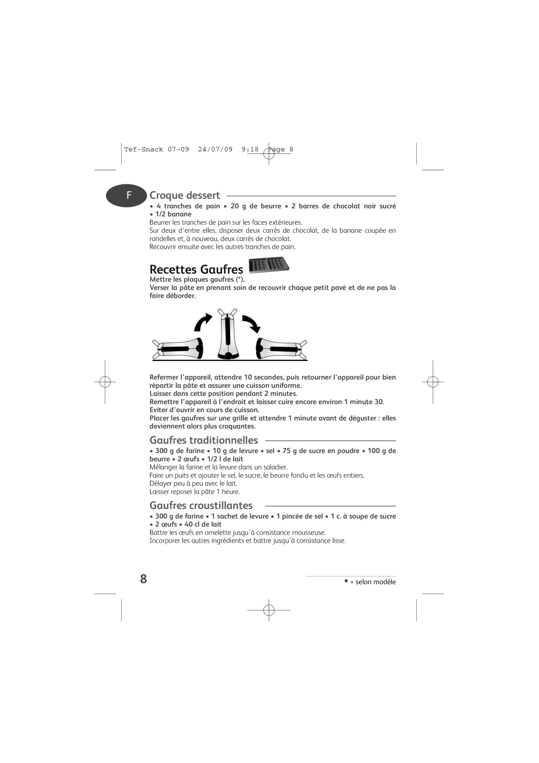 Tefal SW370332, SW370310, SW370312 manual Recettes Gaufres, Croque dessert, Gaufres traditionnelles, Gaufres croustillantes 