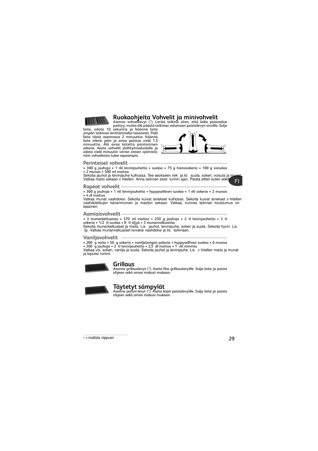 Tefal SW372112 manual Ruokaohjeita Vohvelit ja minivohvelit, Grillaus, Täytetyt sämpylät 