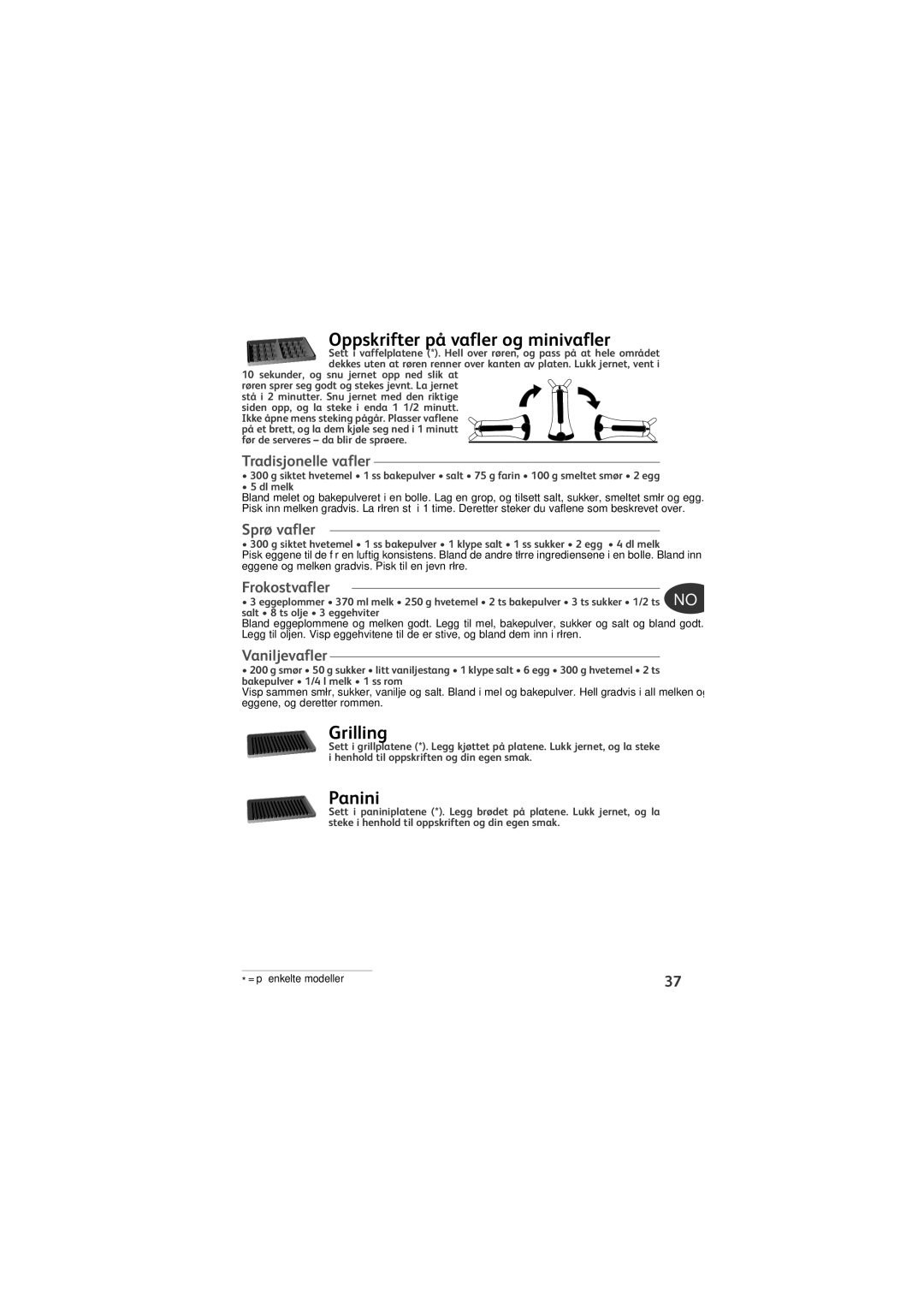Tefal SW372112 manual Oppskrifter på vafler og minivafler, Grilling, Tradisjonelle vafler, Sprø vafler, Frokostvafler 