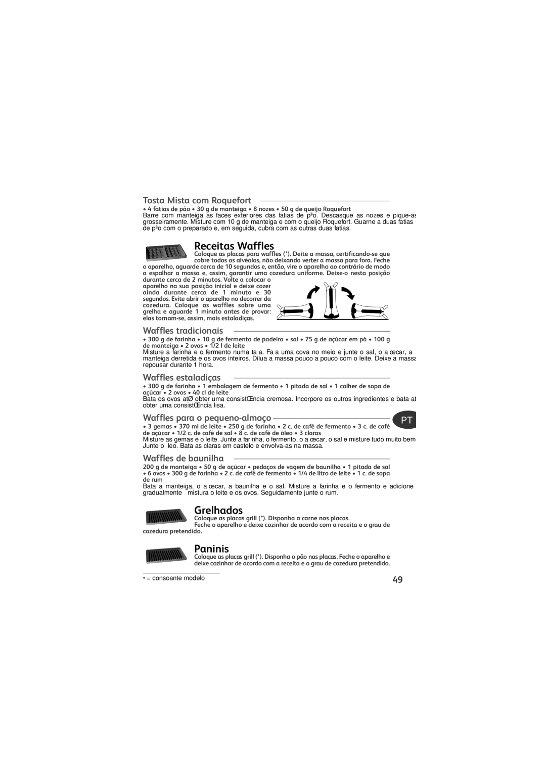 Tefal SW372112 manual Receitas Waffles, Grelhados, Paninis 