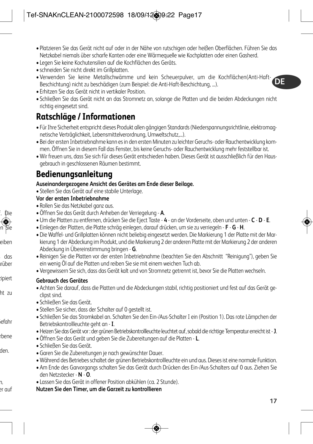 Tefal SW377112 manual Ratschläge / Informationen, Bedienungsanleitung, Tef-SNAKnCLEAN-2100072598 18/09/12 0922 Page17 