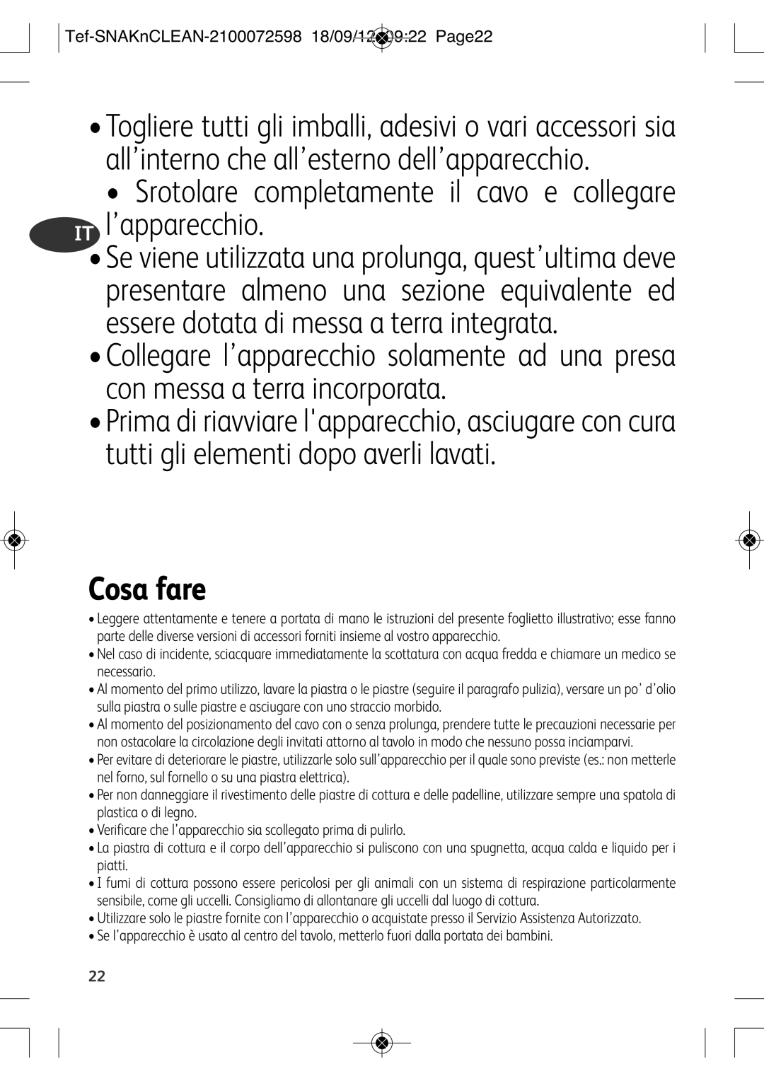 Tefal SW377112 manual Cosa fare, Tef-SNAKnCLEAN-2100072598 18/09/12 0922 Page22 