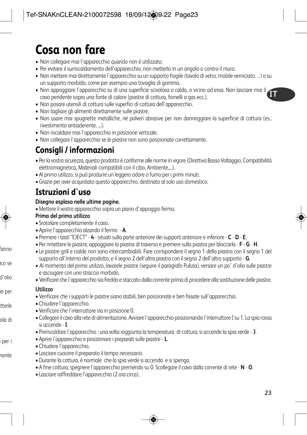 Tefal SW377112 Cosa non fare, Consigli / informazioni, Istruzioni duso, Tef-SNAKnCLEAN-2100072598 18/09/12 0922 Page23 